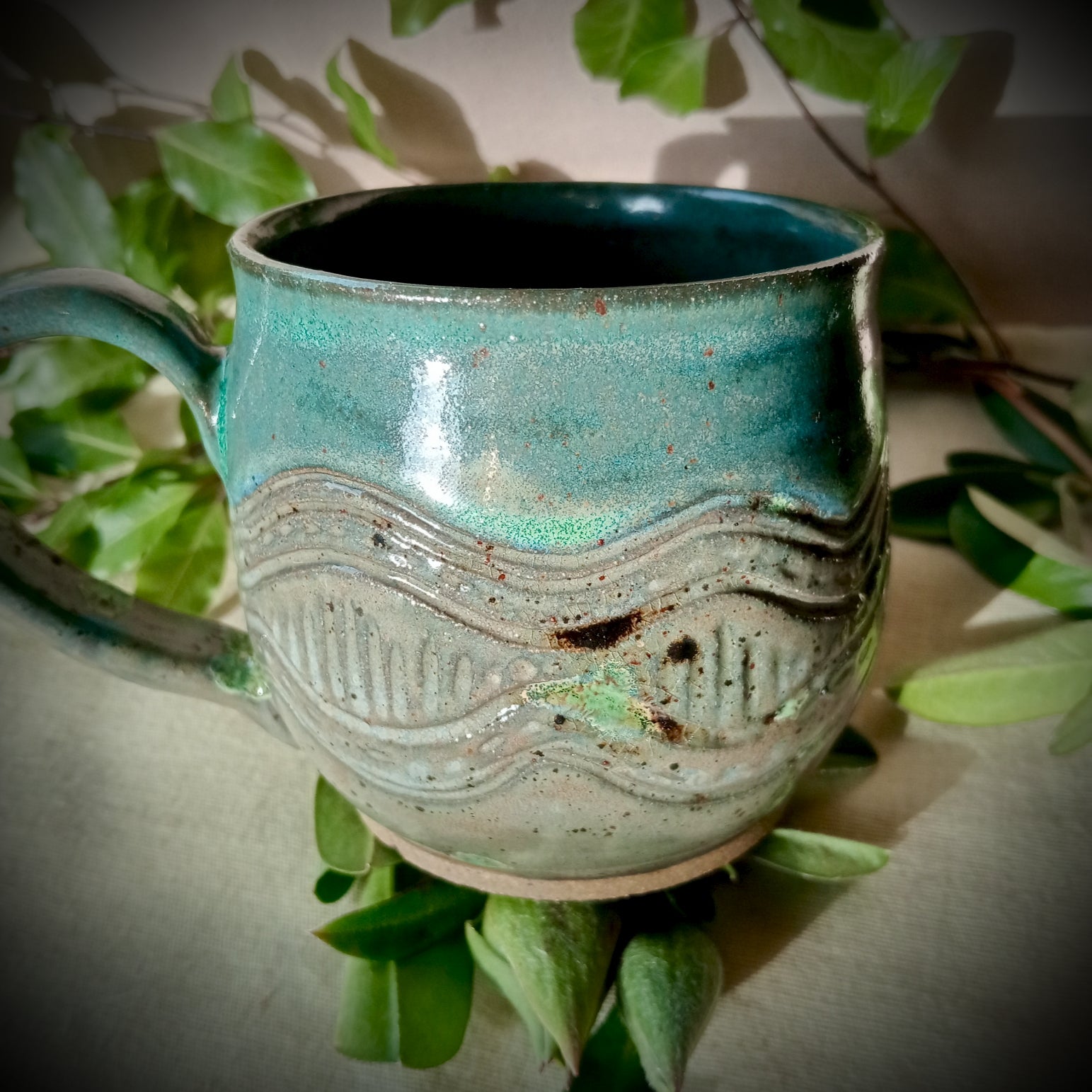 Turquoise and grey/green hand made mug