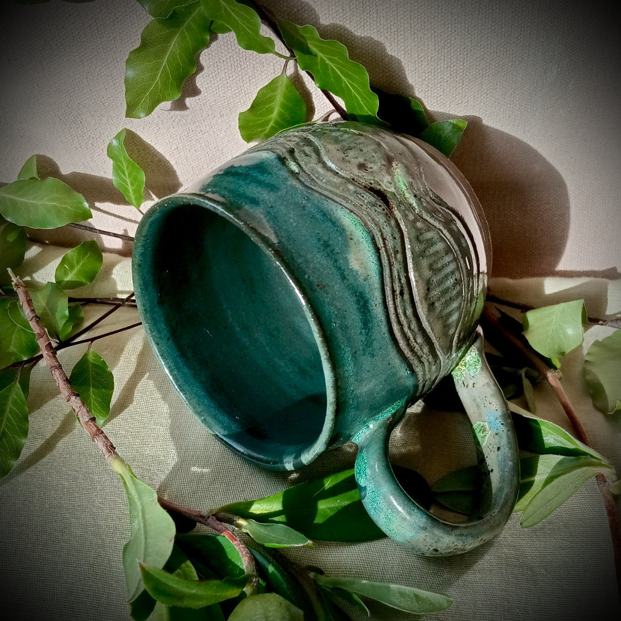 Turquoise and grey/green hand made mug