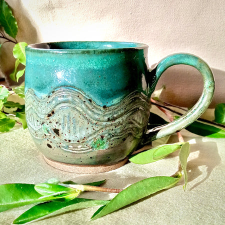 Turquoise and grey/green hand made mug