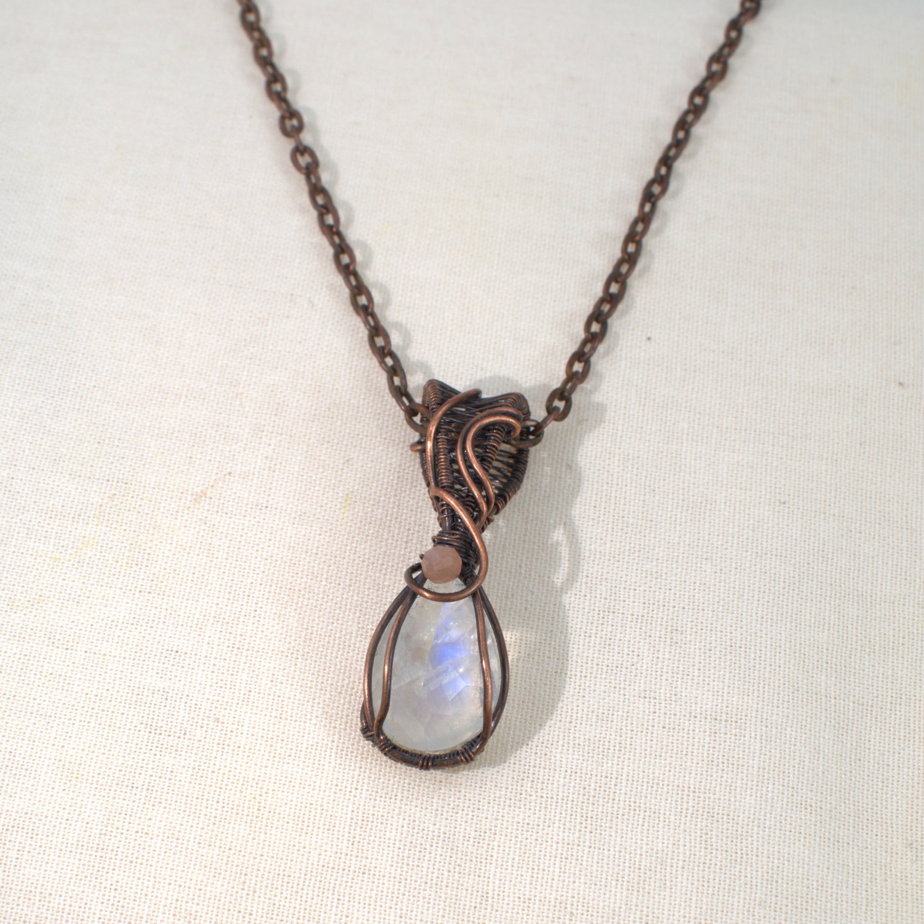 Velvet Moon – Rainbow & Peach Moonstone Copper Pendant