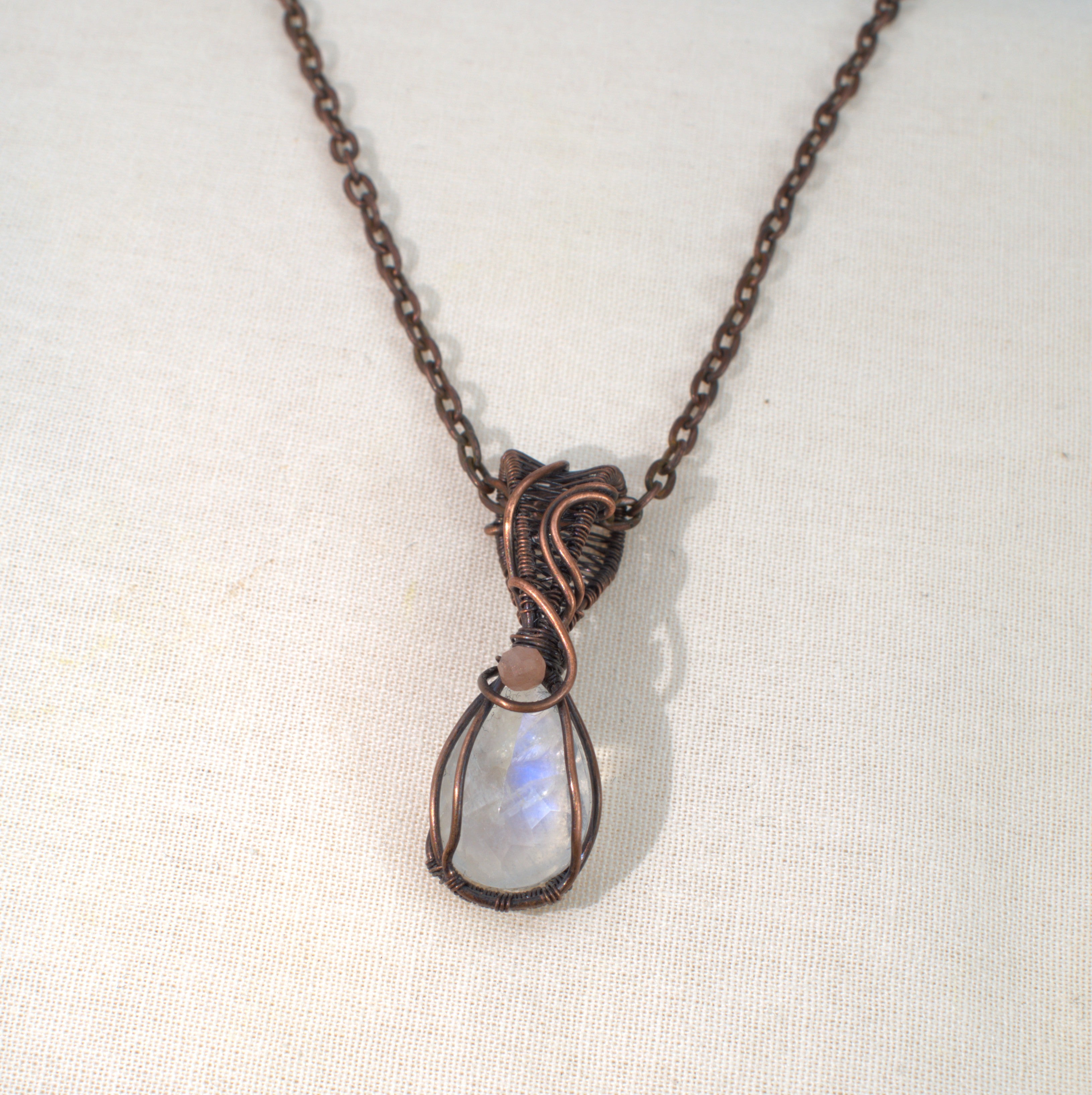 Velvet Moon – Rainbow & Peach Moonstone Copper Pendant