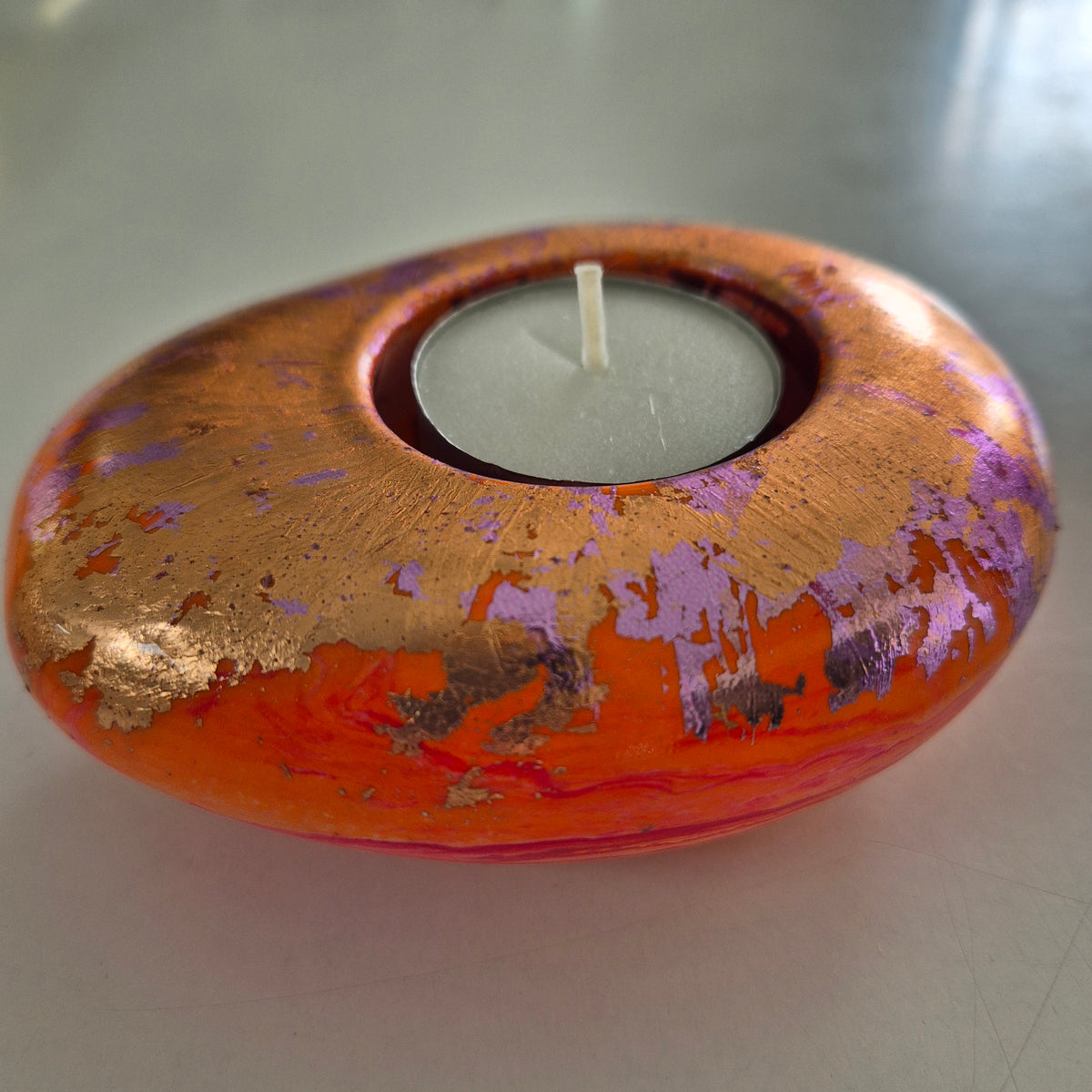 Large orange and gold pebble shaped tealight candle holder