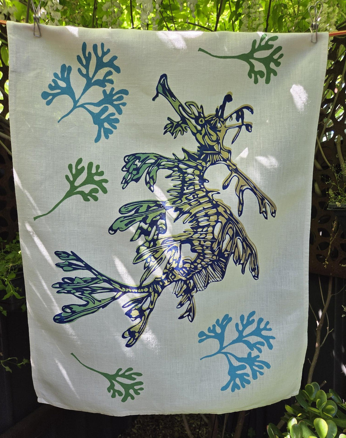 Hand Screen Printed Linen Tea Towels-Leafy Sea Dragon