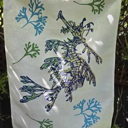 Hand Screen Printed Linen Tea Towels-Leafy Sea Dragon