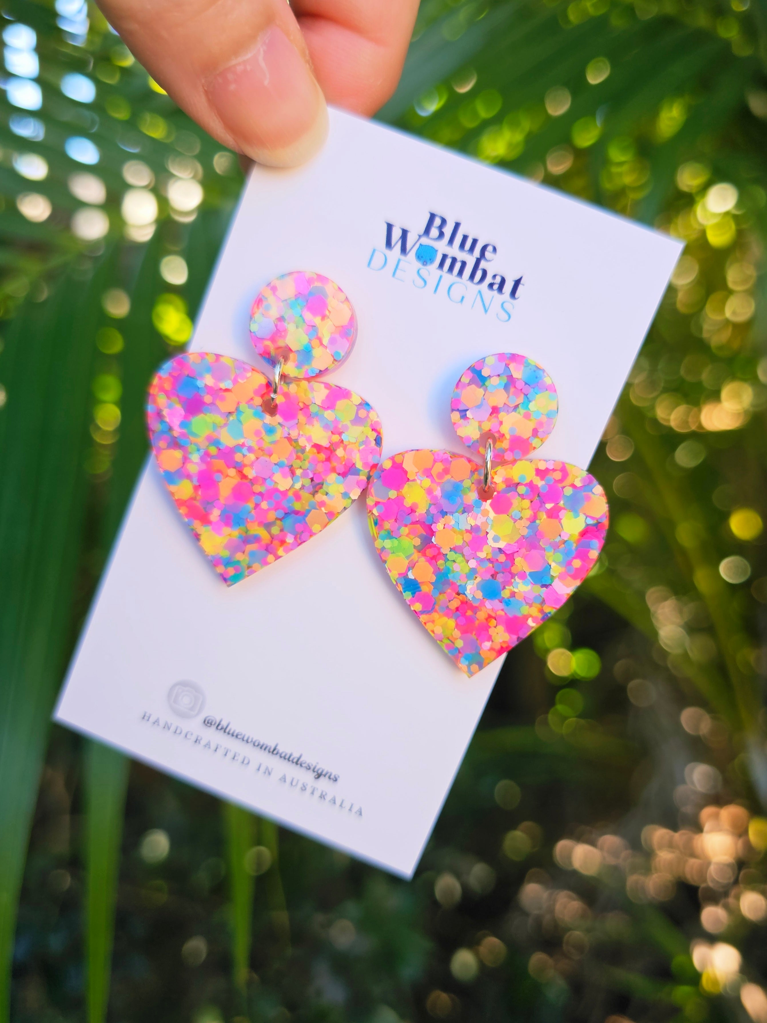 Love Heart Colourful Glitter Resin Dangle Earrings