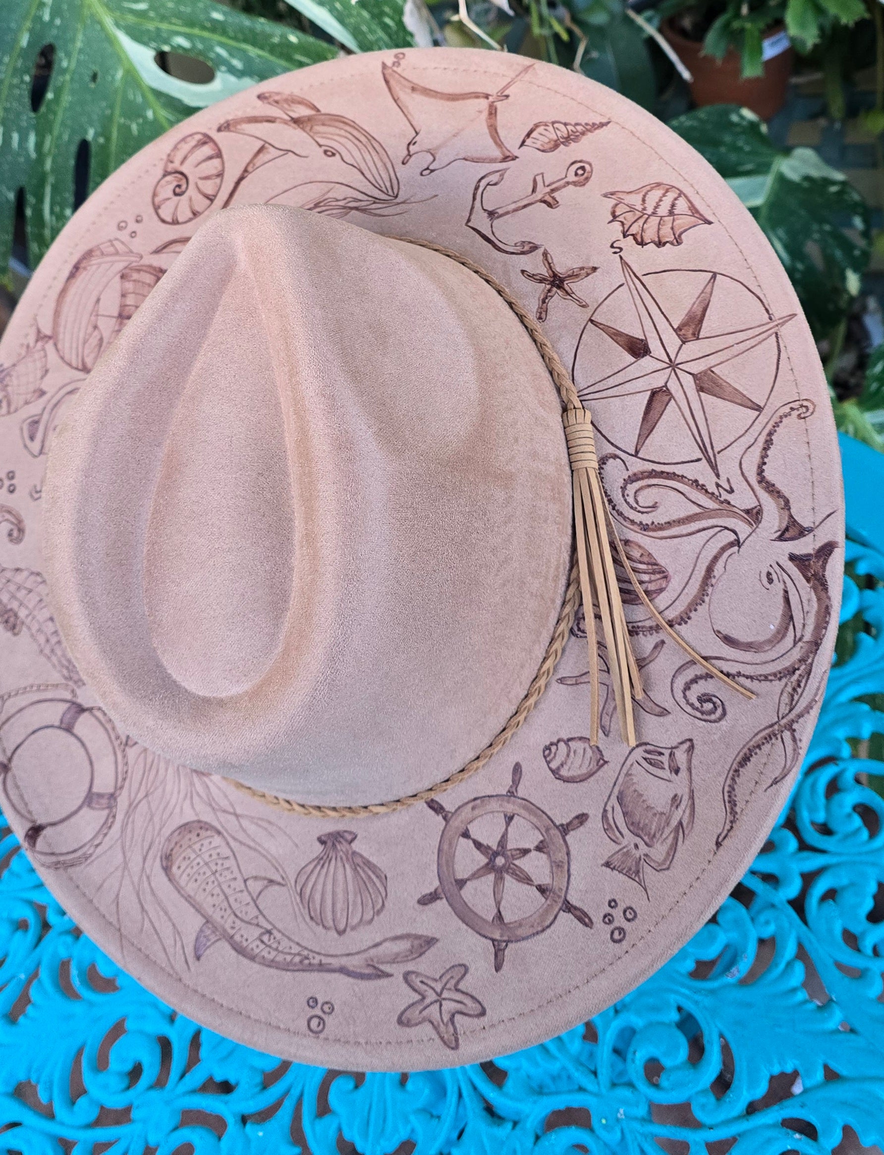 Hand burnt pyrographg fedora hat - The ocean life