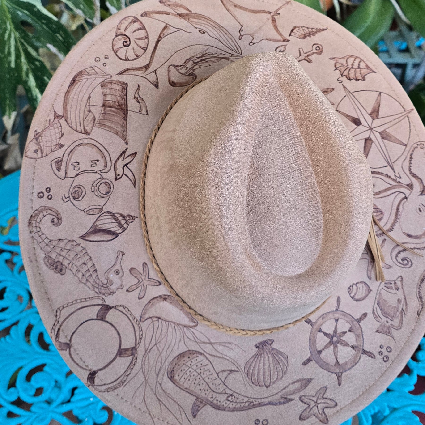 Hand burnt pyrographg fedora hat - The ocean life