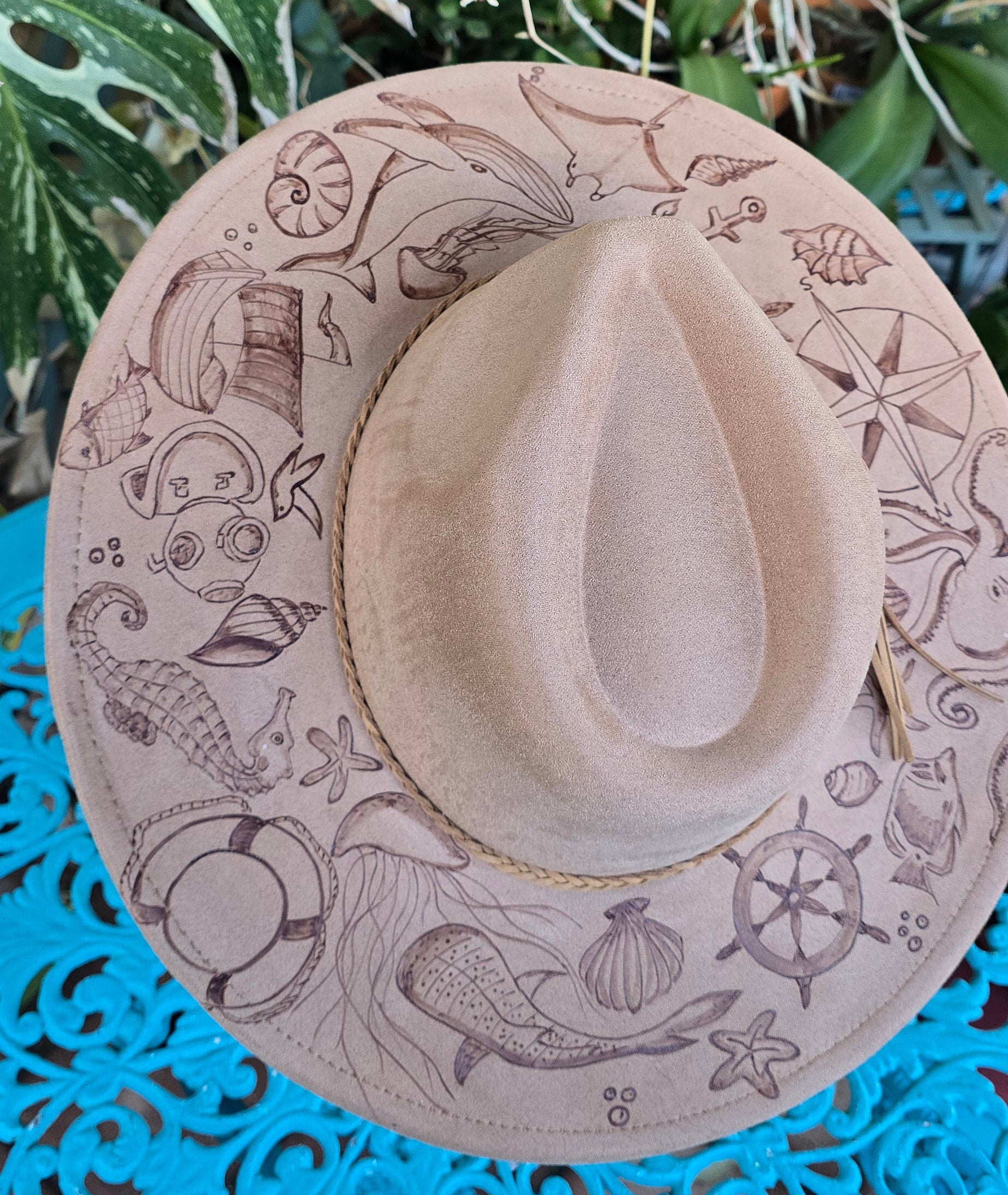Hand burnt pyrographg fedora hat - The ocean life