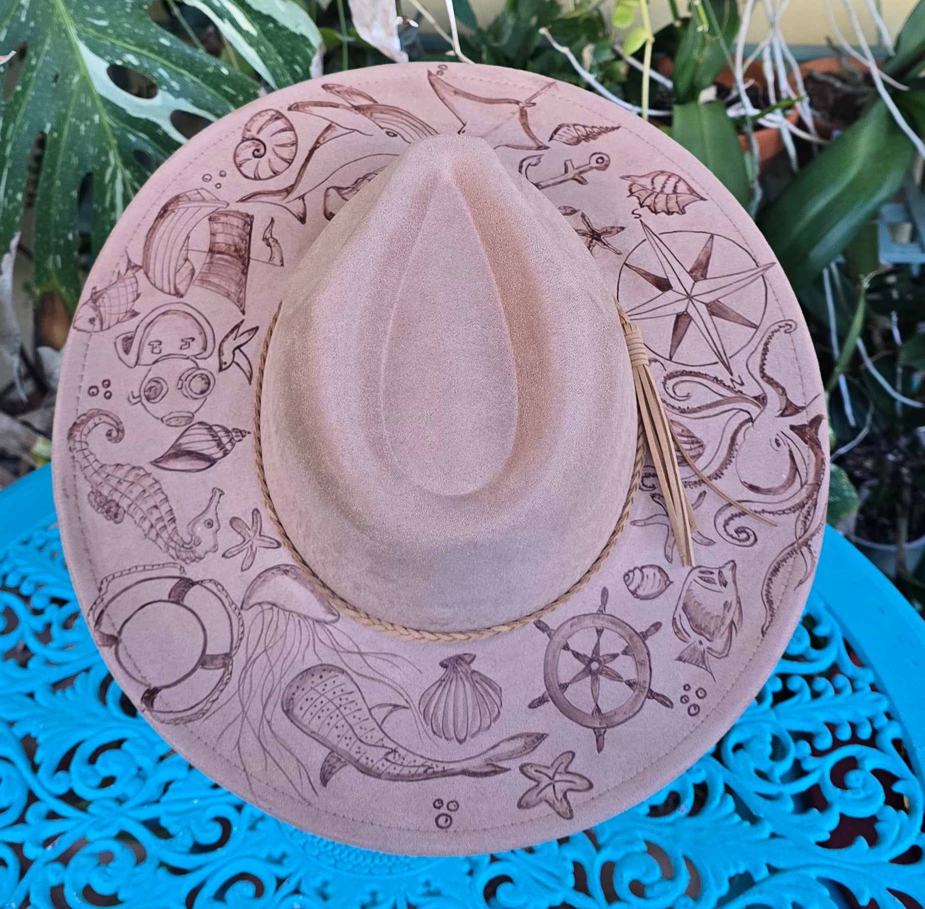 Hand burnt pyrographg fedora hat - The ocean life