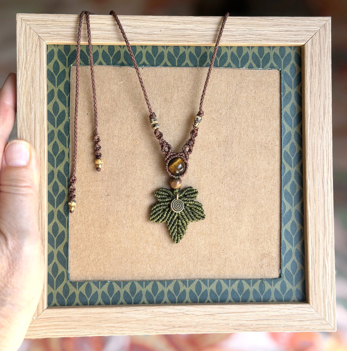 Micro Macrame Maple Leaf Necklace - earthy forest fae / canadian maple