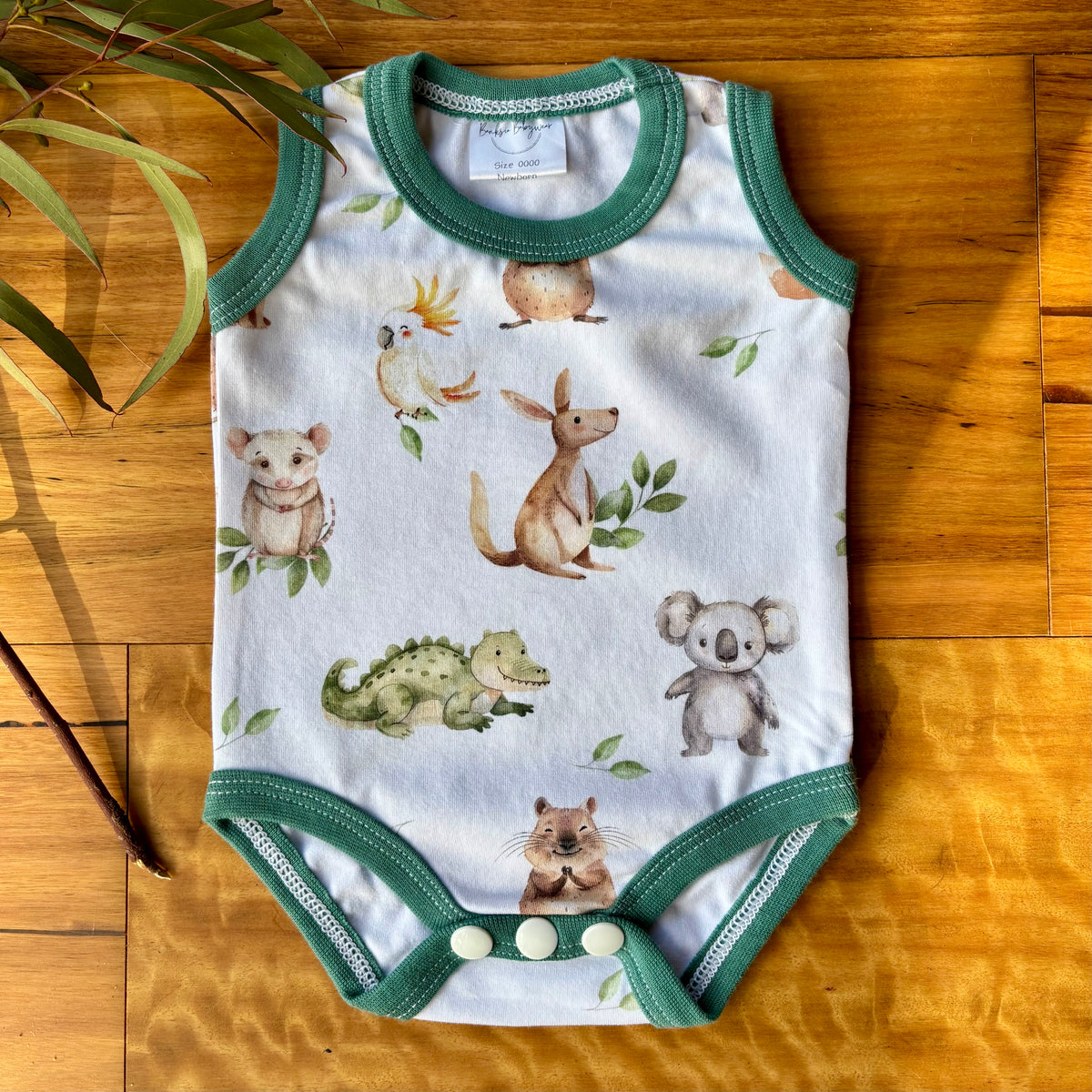 Baby Tank Bodysuit | Green Aussie Animals | Size premmie to 2 | Made to order