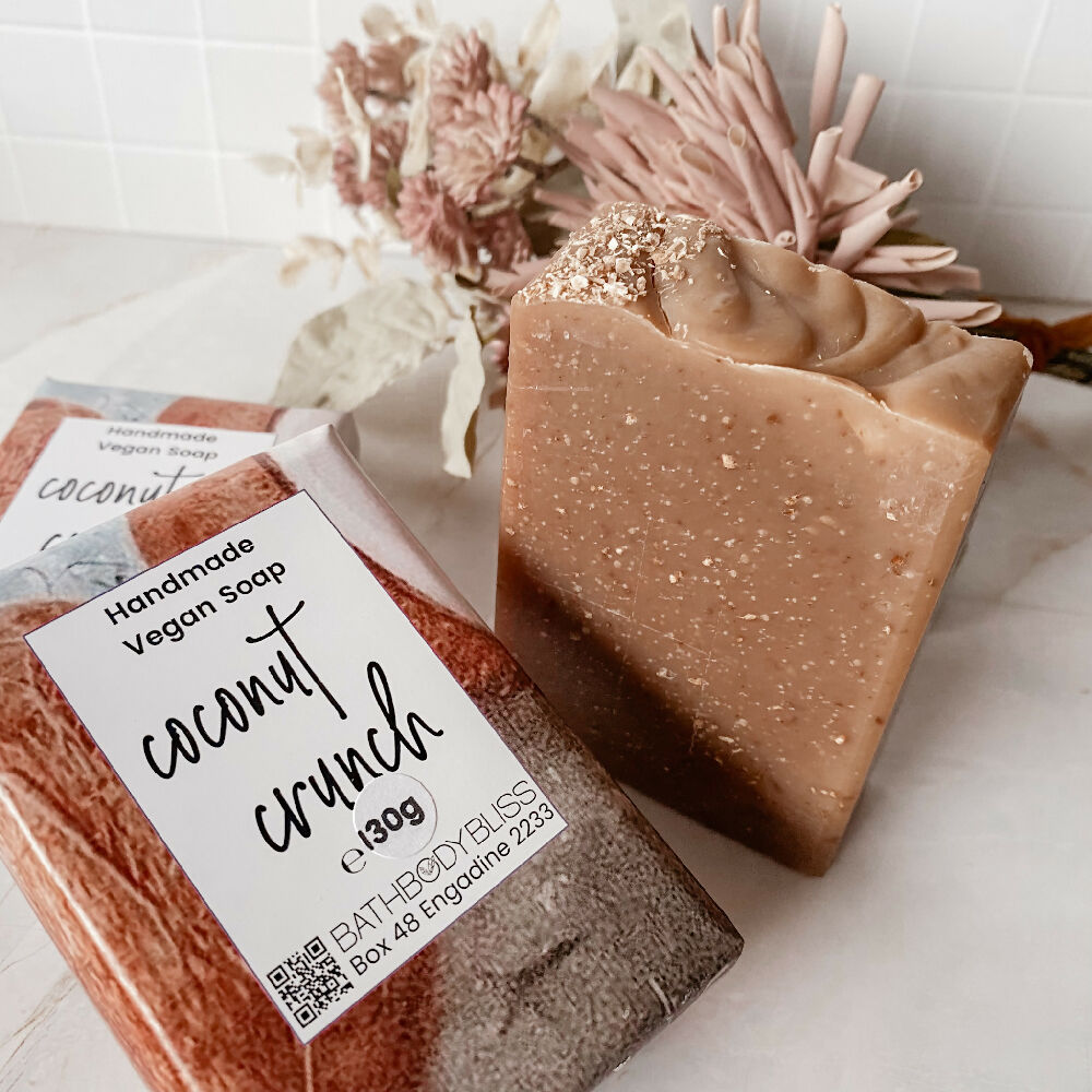 Handmade Natural Coconut Crunch Soap wrapped closeup