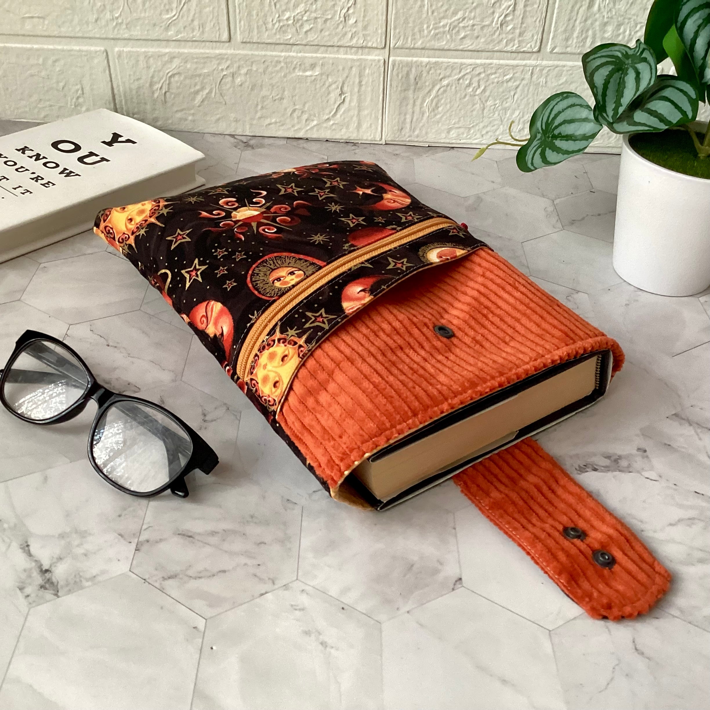 Cosmic Sun and Moon fabric book sleeve with 2 pockets. iPad, tablet pouch