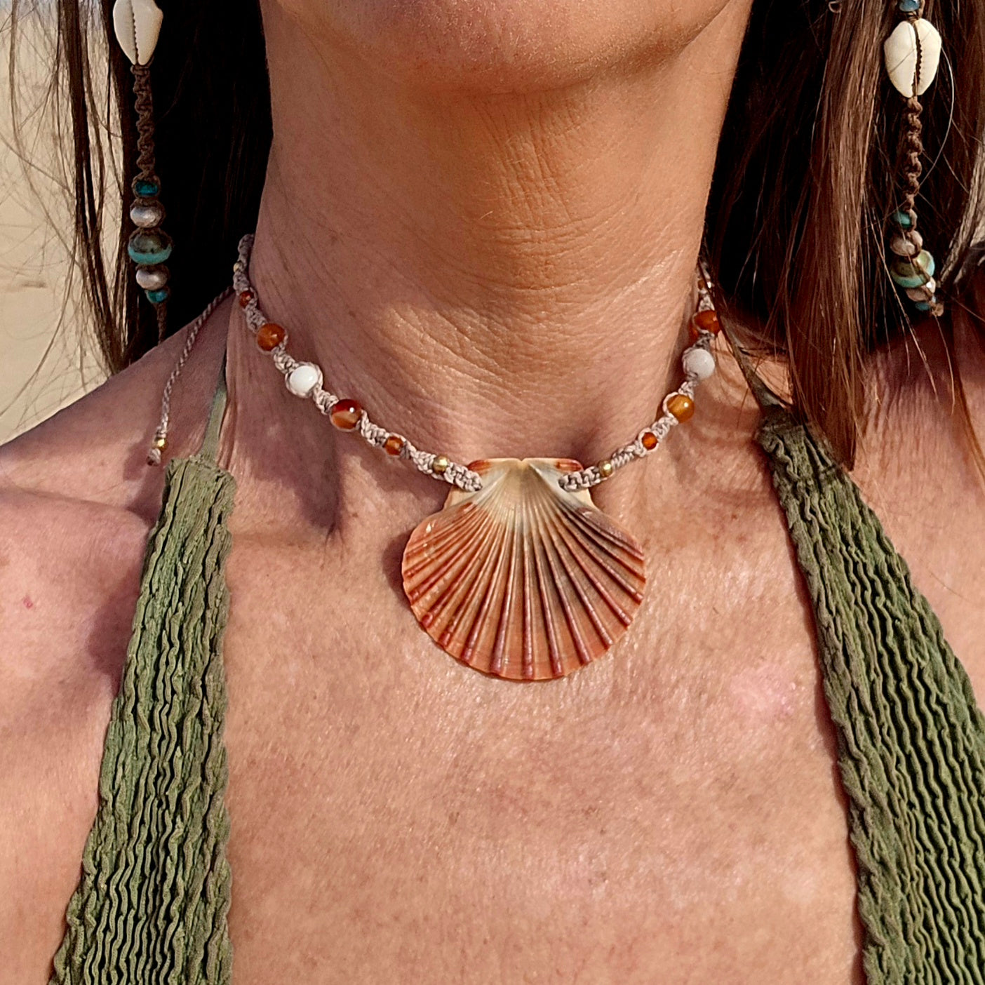 Scallop Shell Necklace with Carnelian & Shell Beads