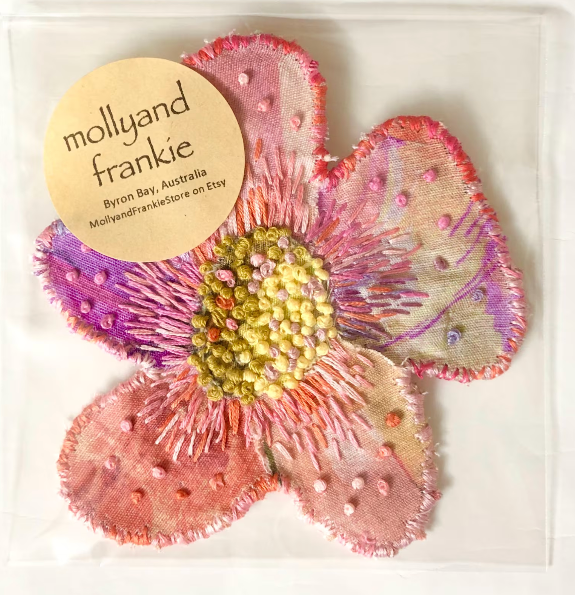 Slow Stitched Unique Flower Drink Coaster - Tangerine