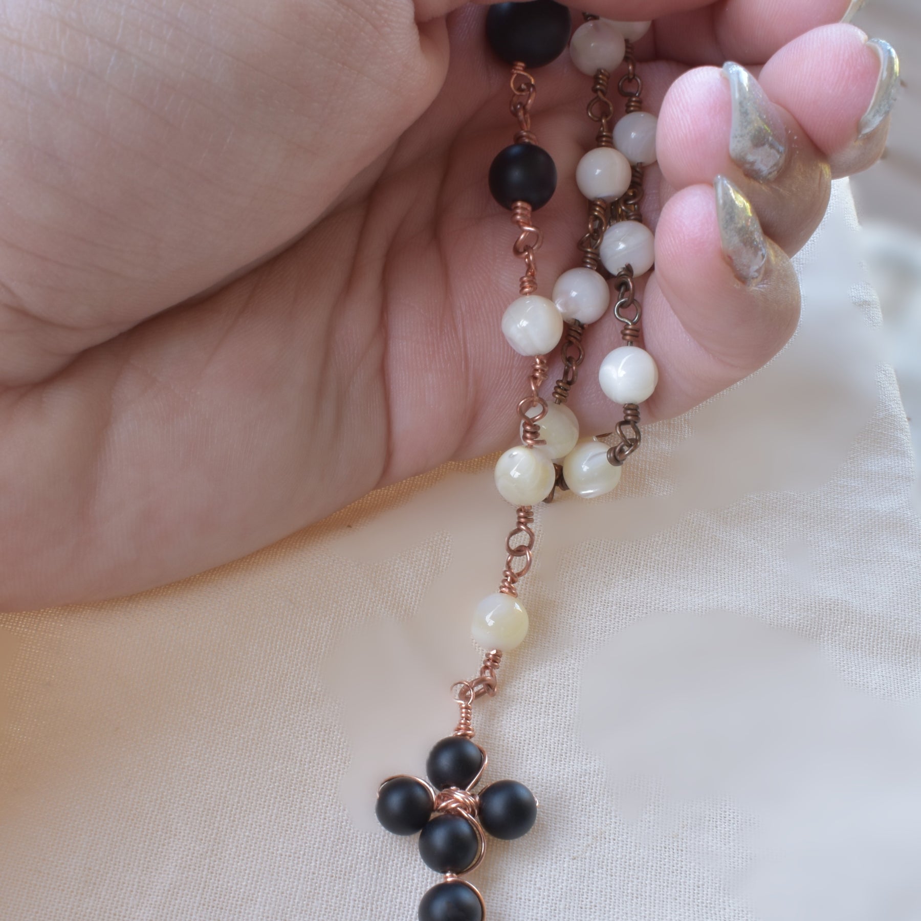 Stillness — Copper Wire Wrapped Rosary Mother of Pearl & Onyx