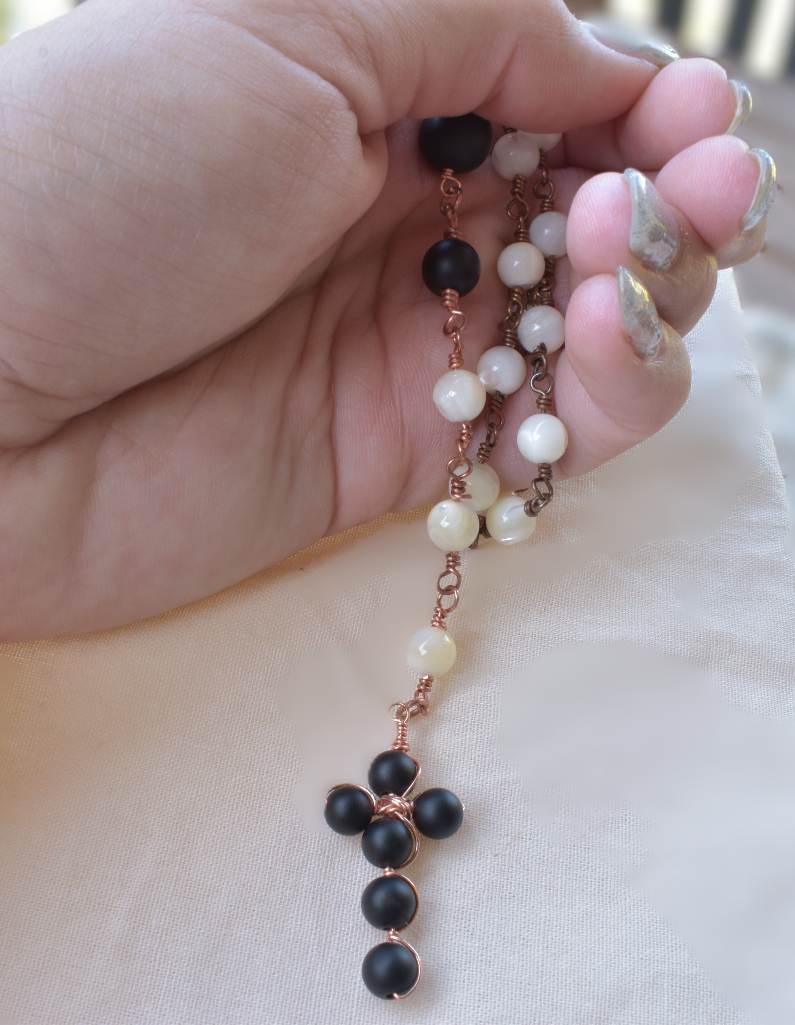 Stillness — Handcrafted Rosary in Mother of Pearl & Onyx