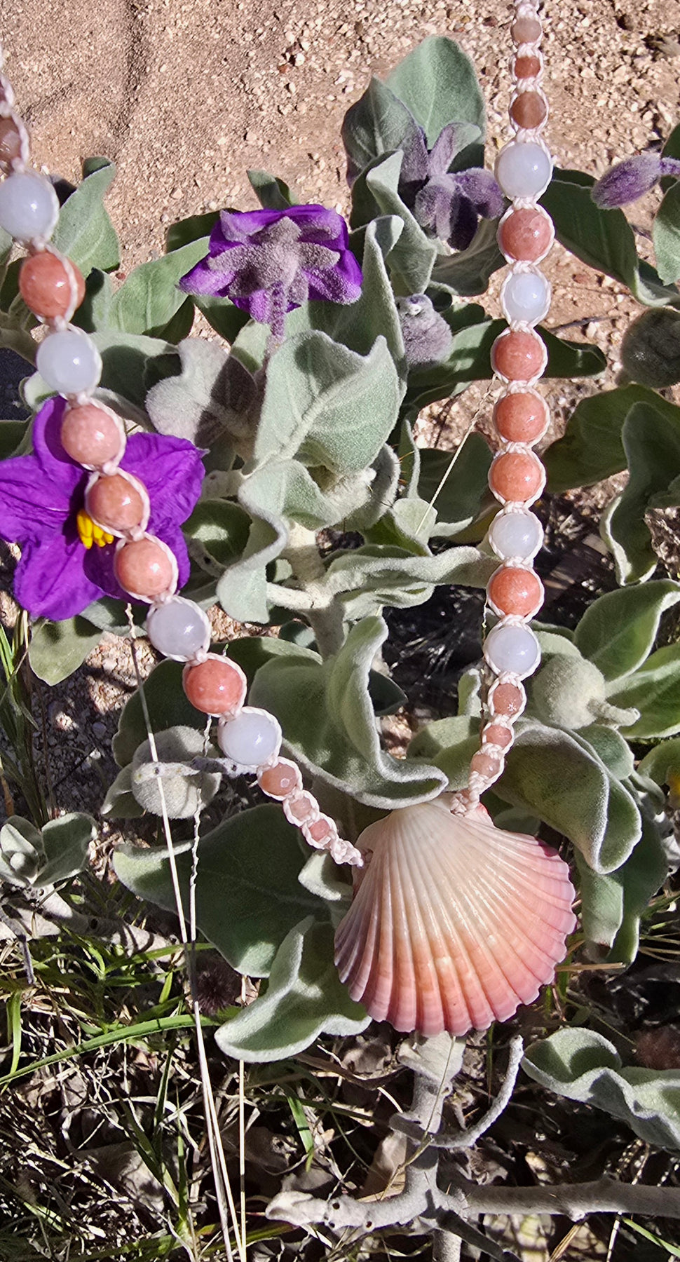 Scallop Shell Necklace with Peach Calcite, Rose Quartz, Sunstone