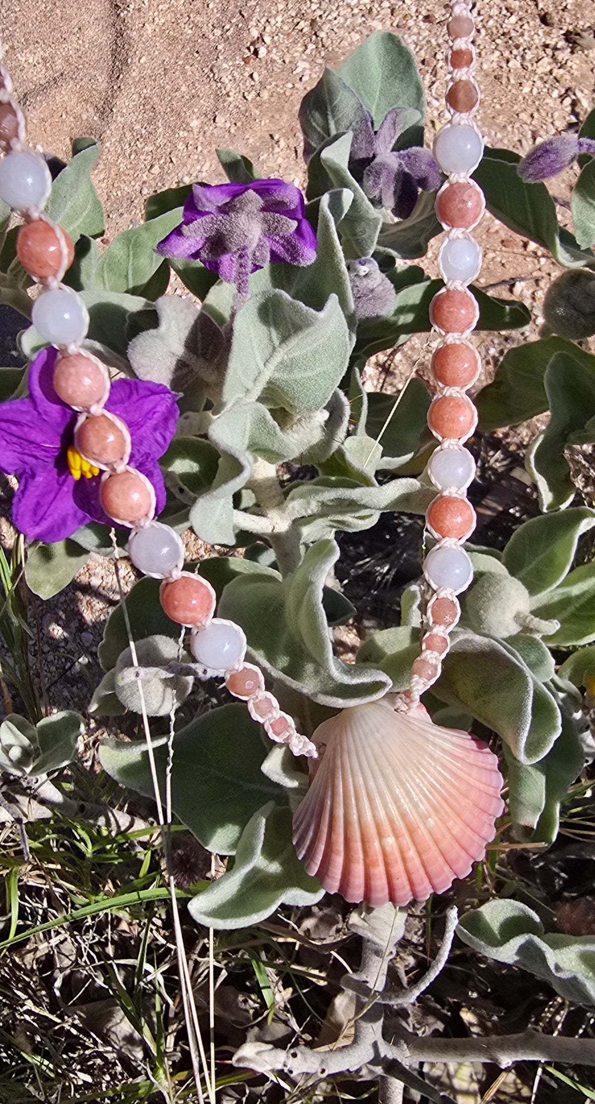 Scallop Shell Necklace with Peach Calcite, Rose Quartz, Sunstone