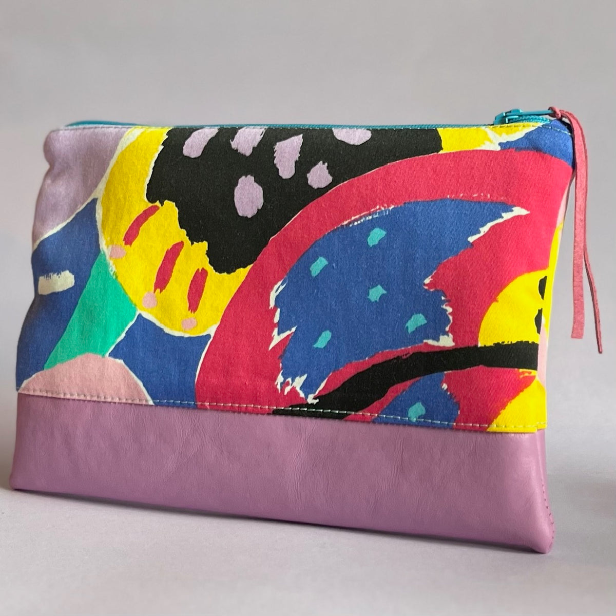 Colourful, repurposed vintage fabric zip POUCH with leather