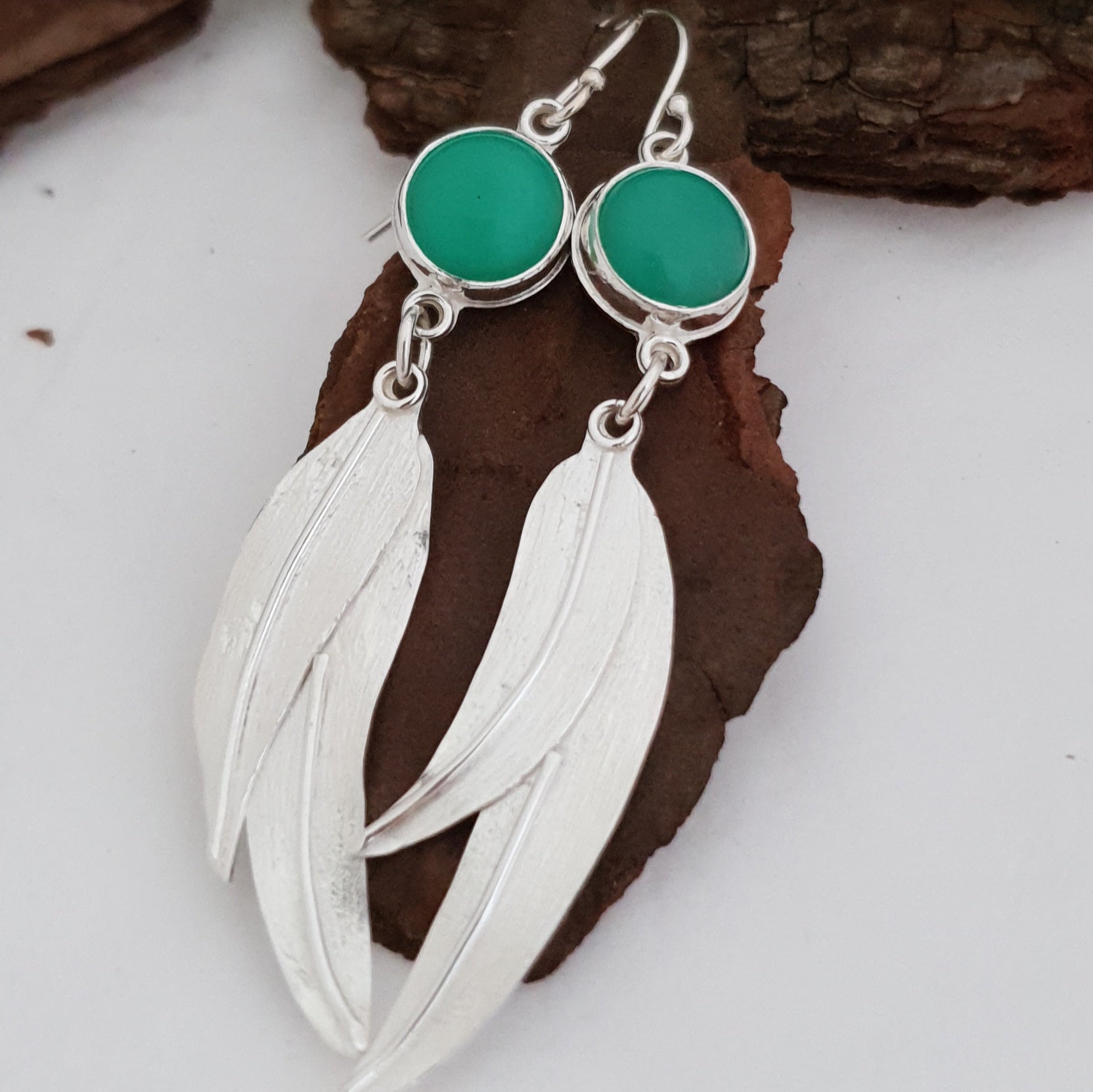 Silver eucalyptus leaves earrings