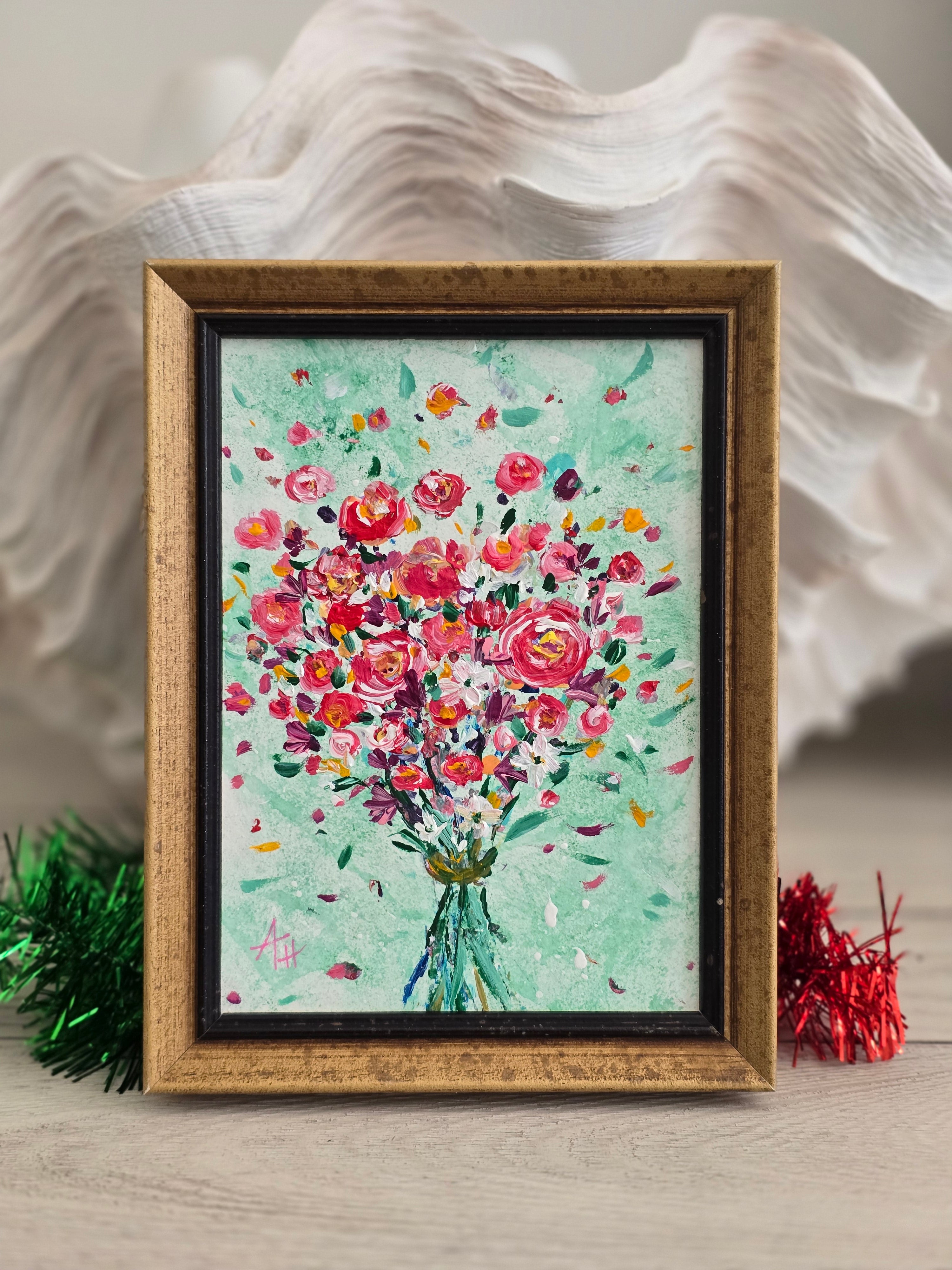 'Red Roses Bouquet' - Framed Artwork