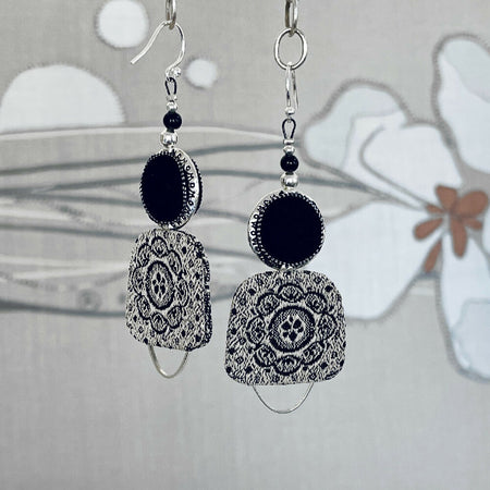 Black Beige & Silver Textile Earrings - 2.5cm x 7.5cm