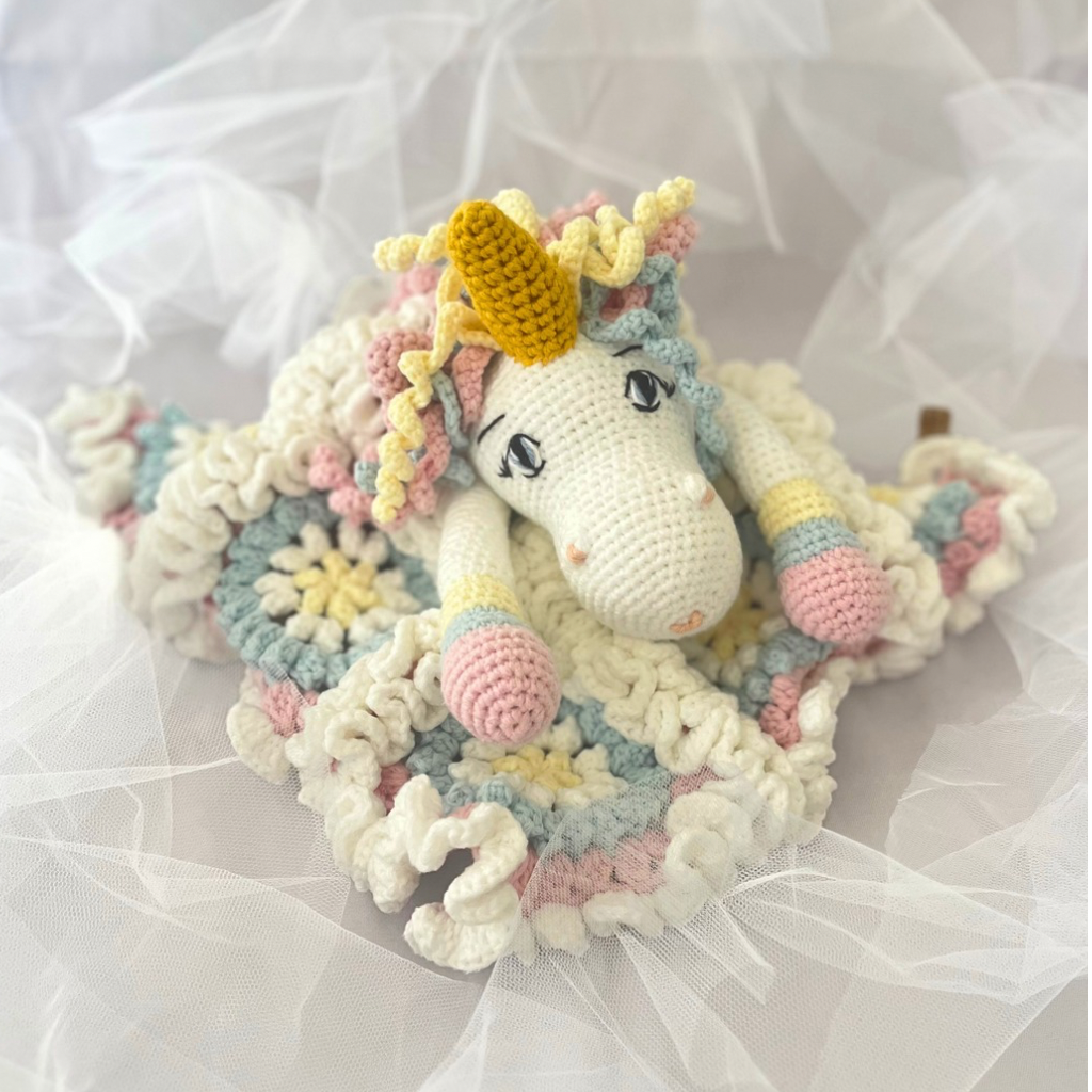 Crochet Unicorn Snuggler, Handmade Unicorn Lovey Blanket