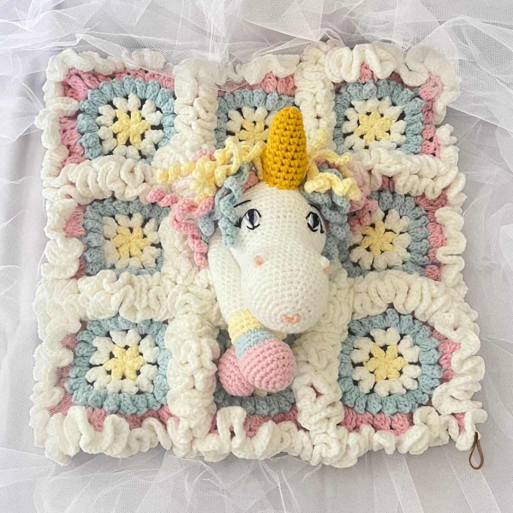 Crochet Unicorn Snuggler, Handmade Unicorn Lovey Blanket