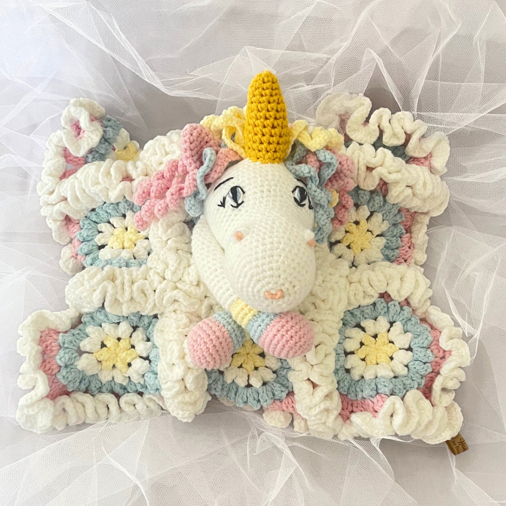 Crochet Unicorn Snuggler, Handmade Unicorn Lovey Blanket