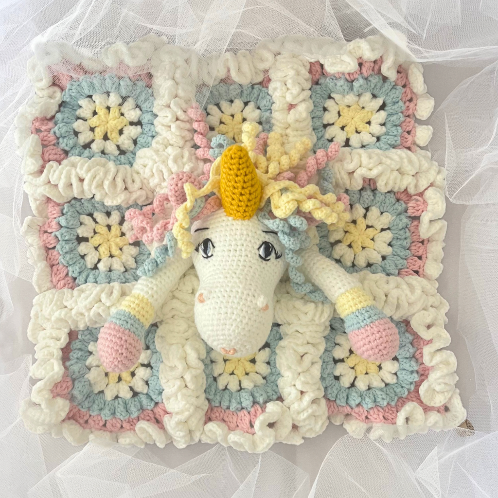 Crochet Unicorn Snuggler, Handmade Unicorn Lovey Blanket