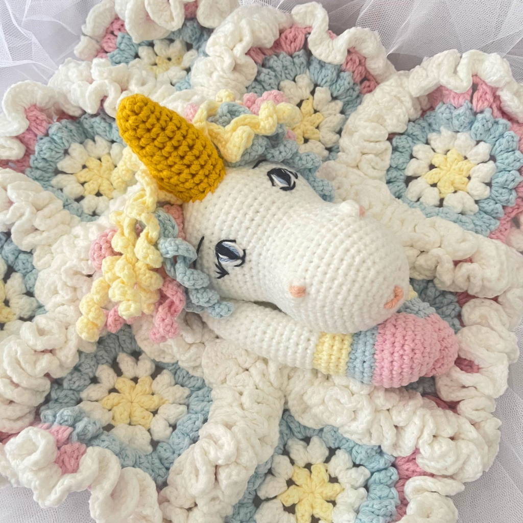 Crochet Unicorn Snuggler, Handmade Unicorn Lovey Blanket