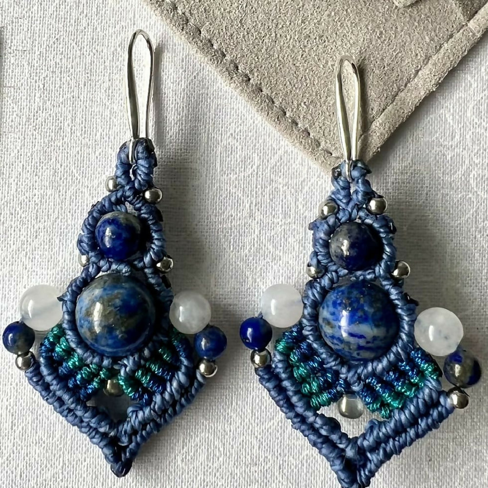 SOLD OUT Lapis Lazuli & Moonstone Macrame Earrings +Free Microfibre Pouch