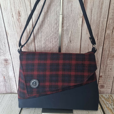 Upcycled vintage-styled tartan red & navy adjustable shoulder bag,