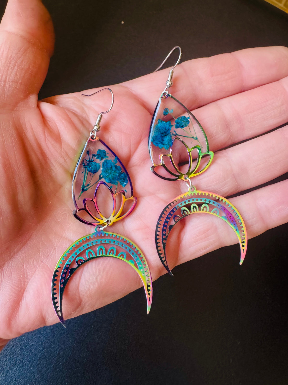 Iridescent rainbow resin earrings with pressed flowers