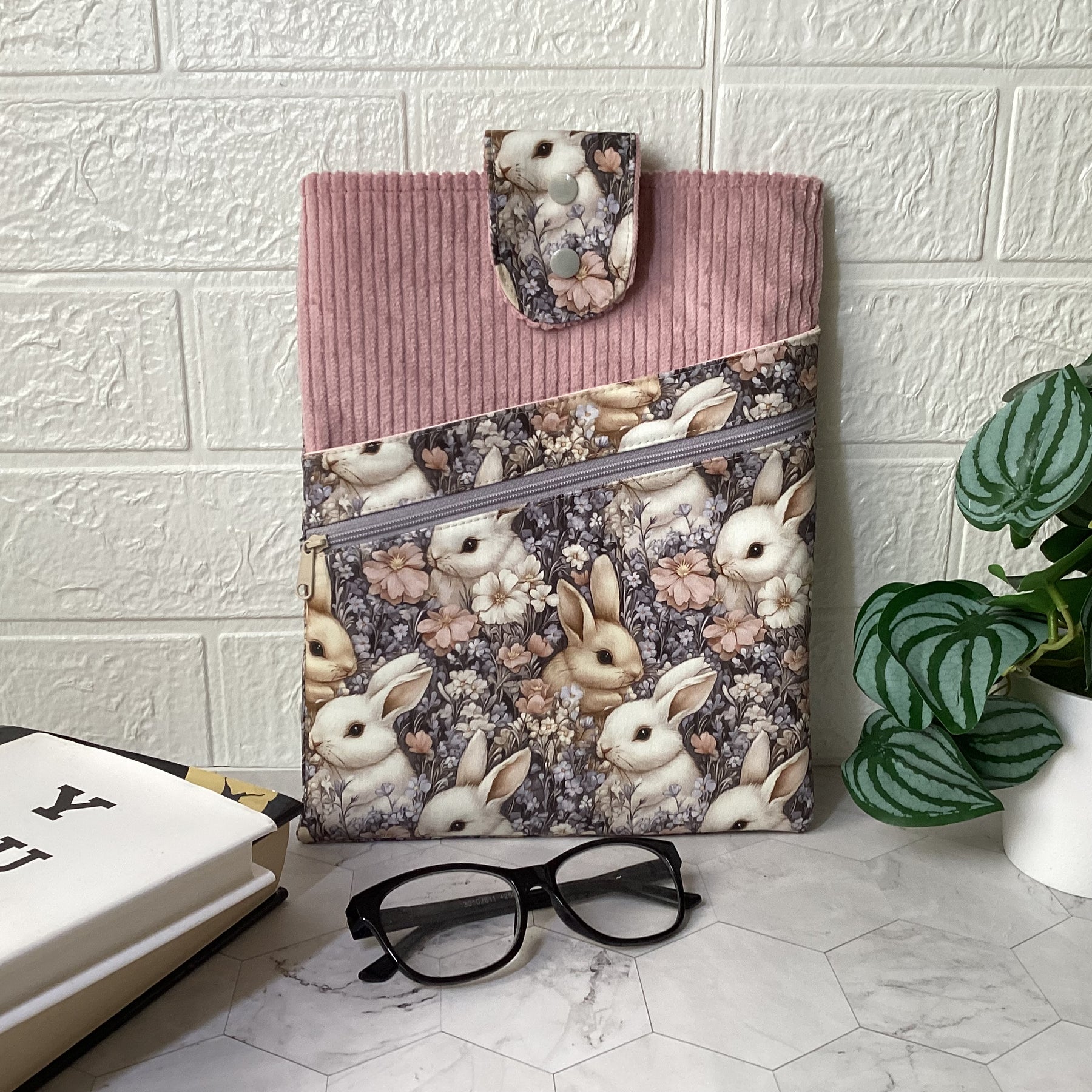 Bunny Rabbits fabric book sleeve with 2 pockets. iPad, tablet pouch