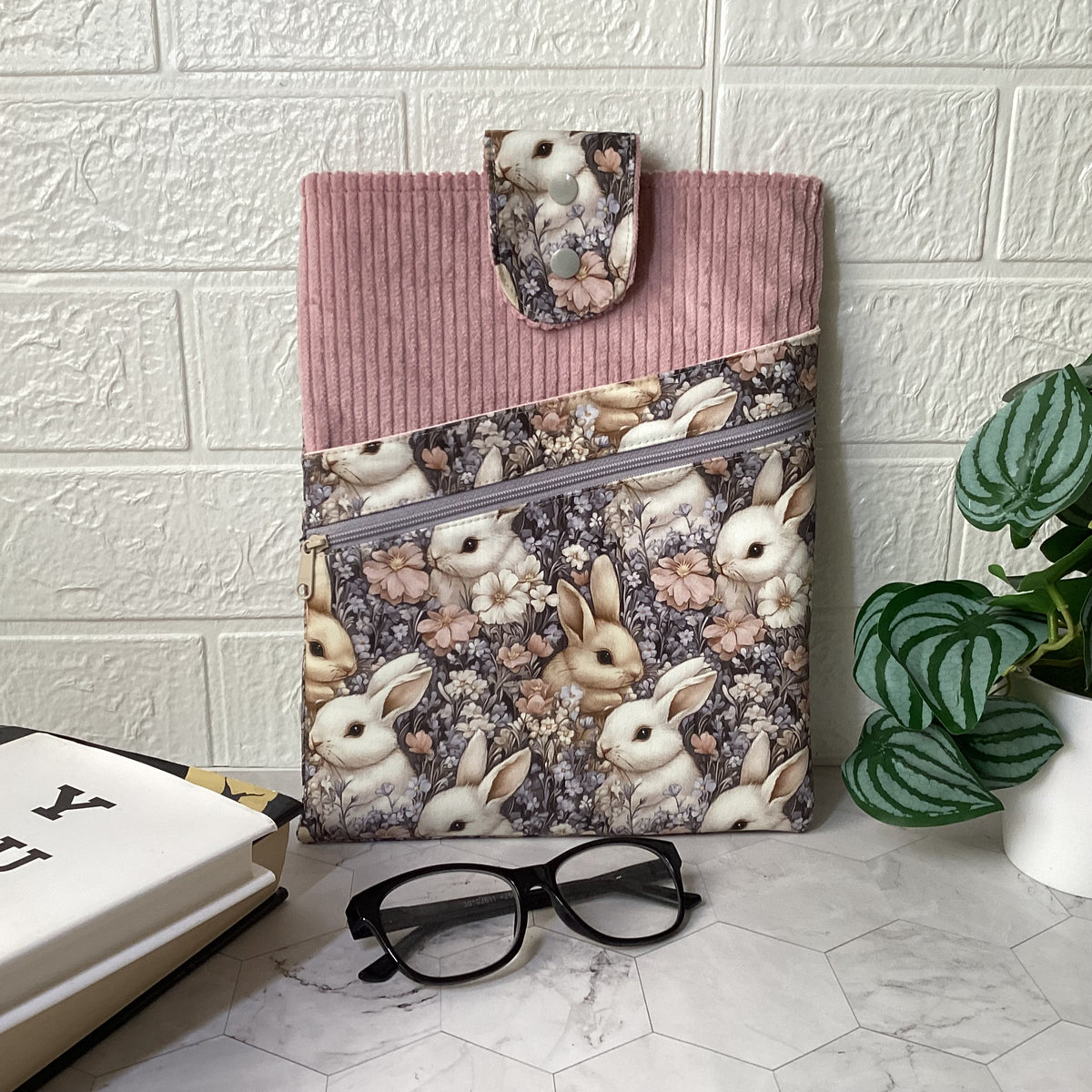 Bunny Rabbits fabric book sleeve with 2 pockets. iPad, tablet pouch