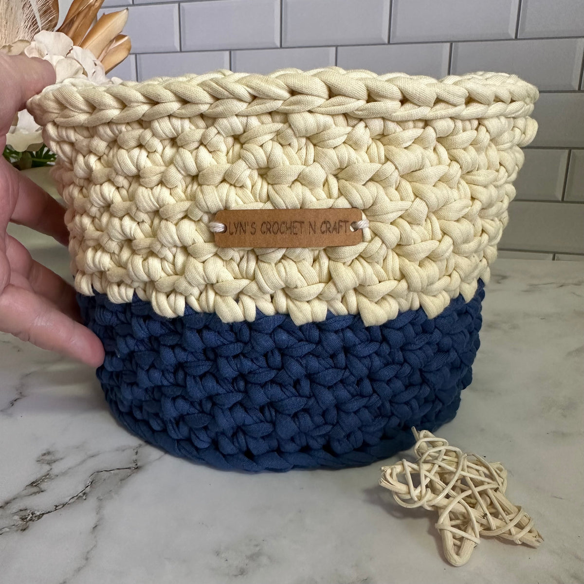 Handmade Crocheted Basket – Blue & Cream - Eco-Friendly Storage