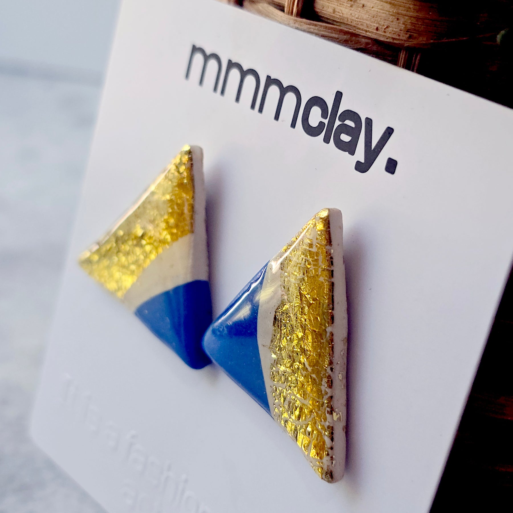Bright Blue Gold Triangle Handmade Polymer Clay Studs
