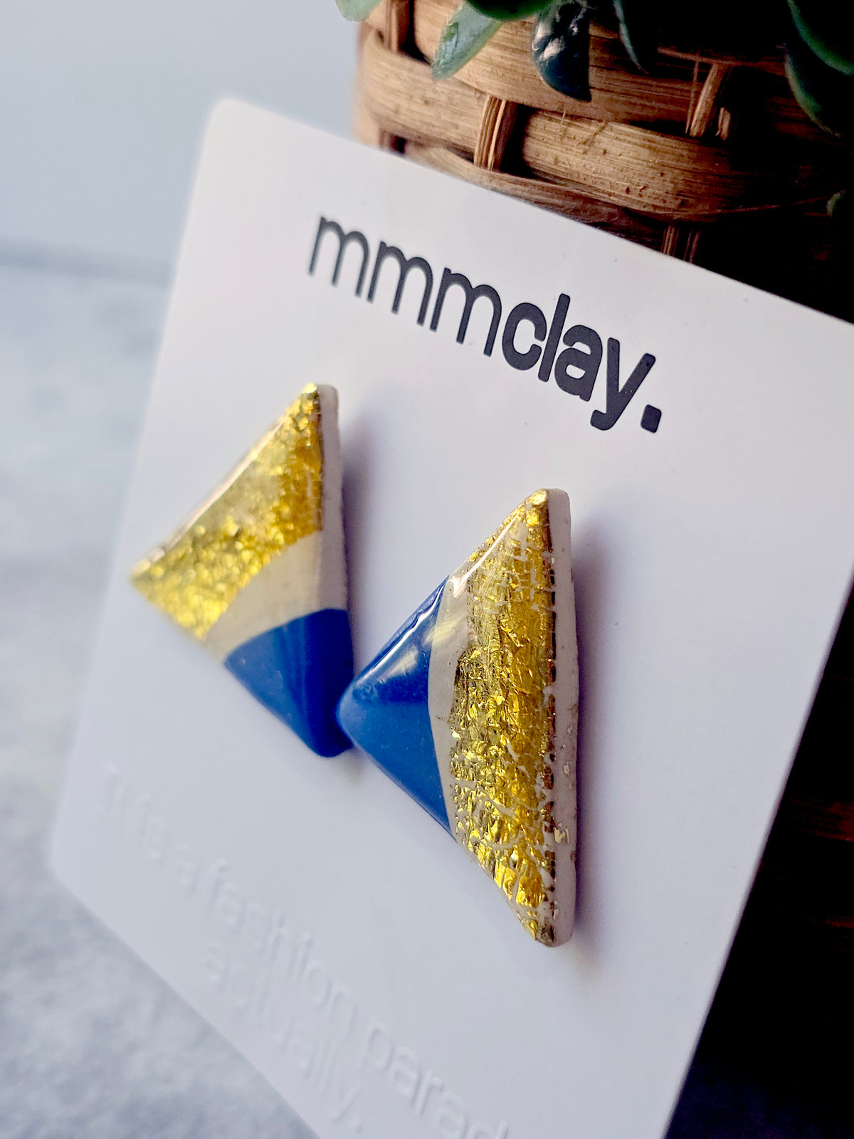Bright Blue Gold Triangle Handmade Polymer Clay Studs