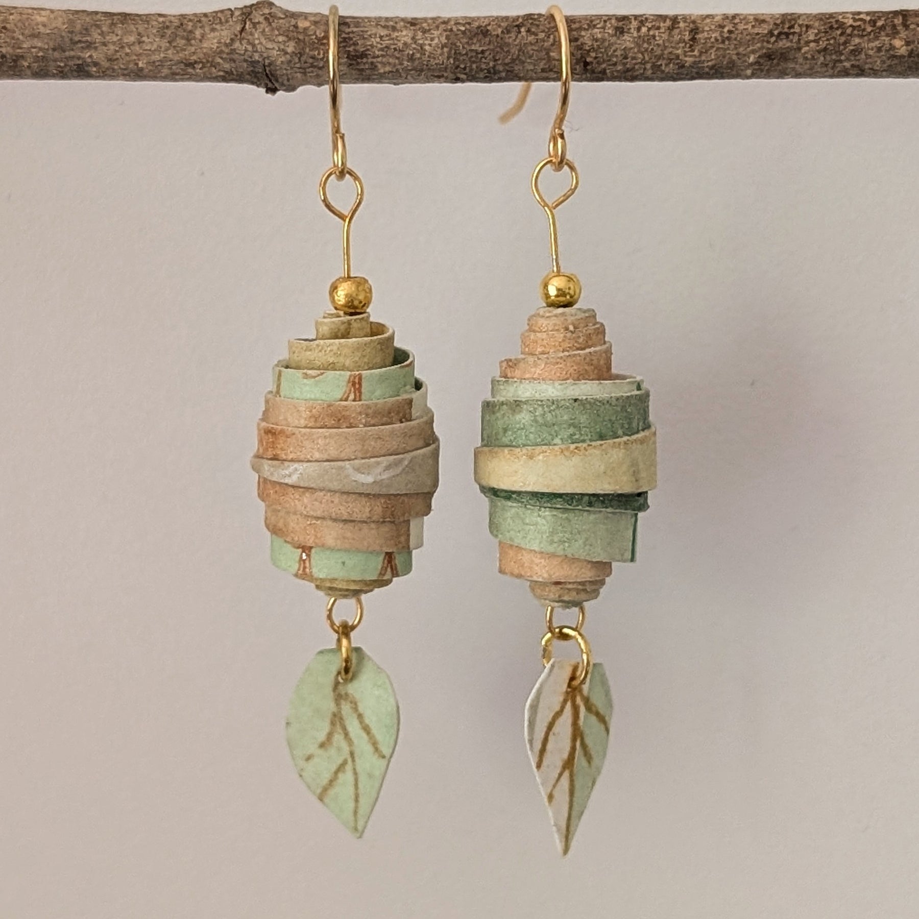 Botanical Coil Earrings – Handmade Sustainable Paper Bead Earrings with Leaf Charm