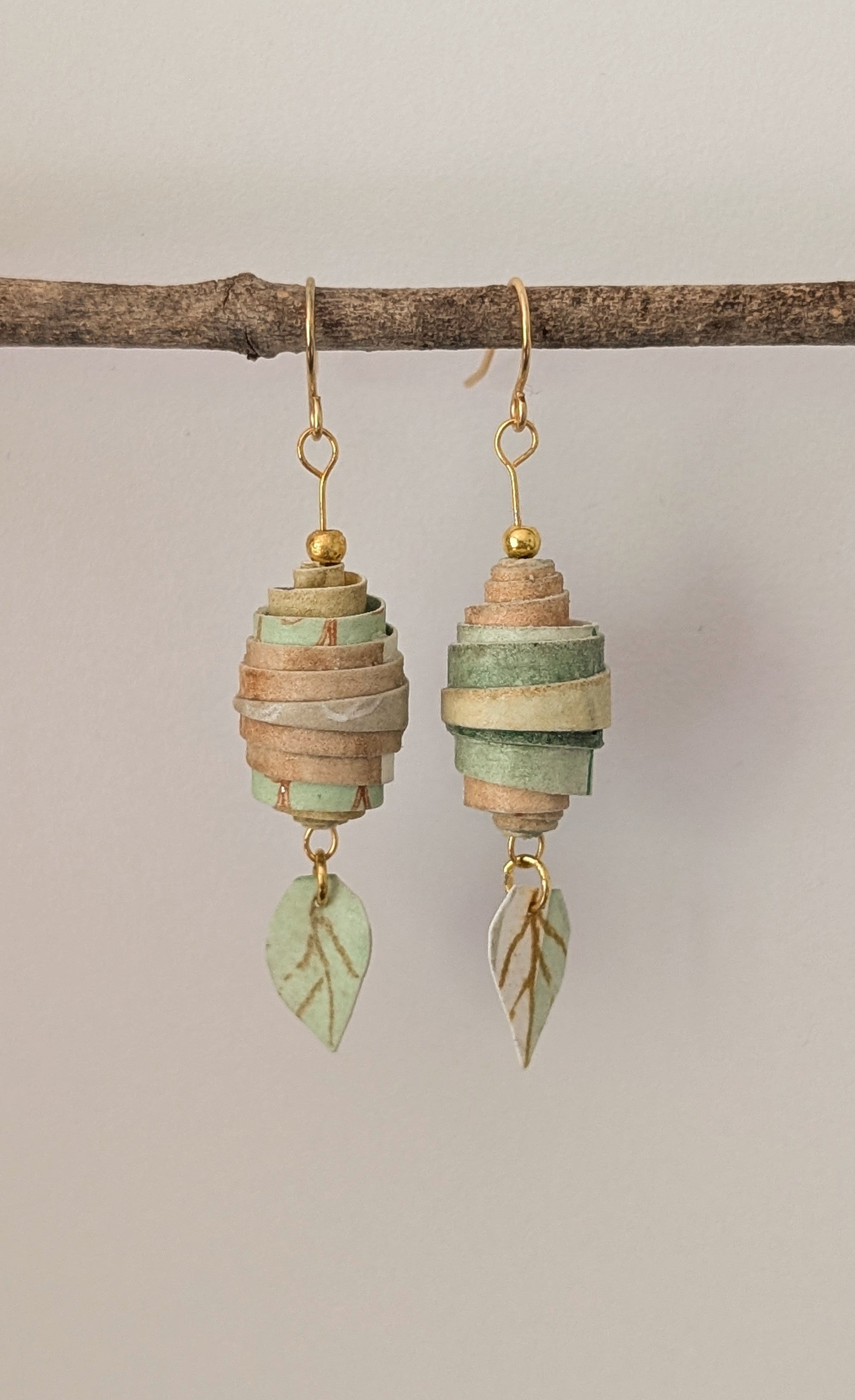 Botanical Coil Earrings – Handmade Sustainable Paper Bead Earrings with Leaf Charm