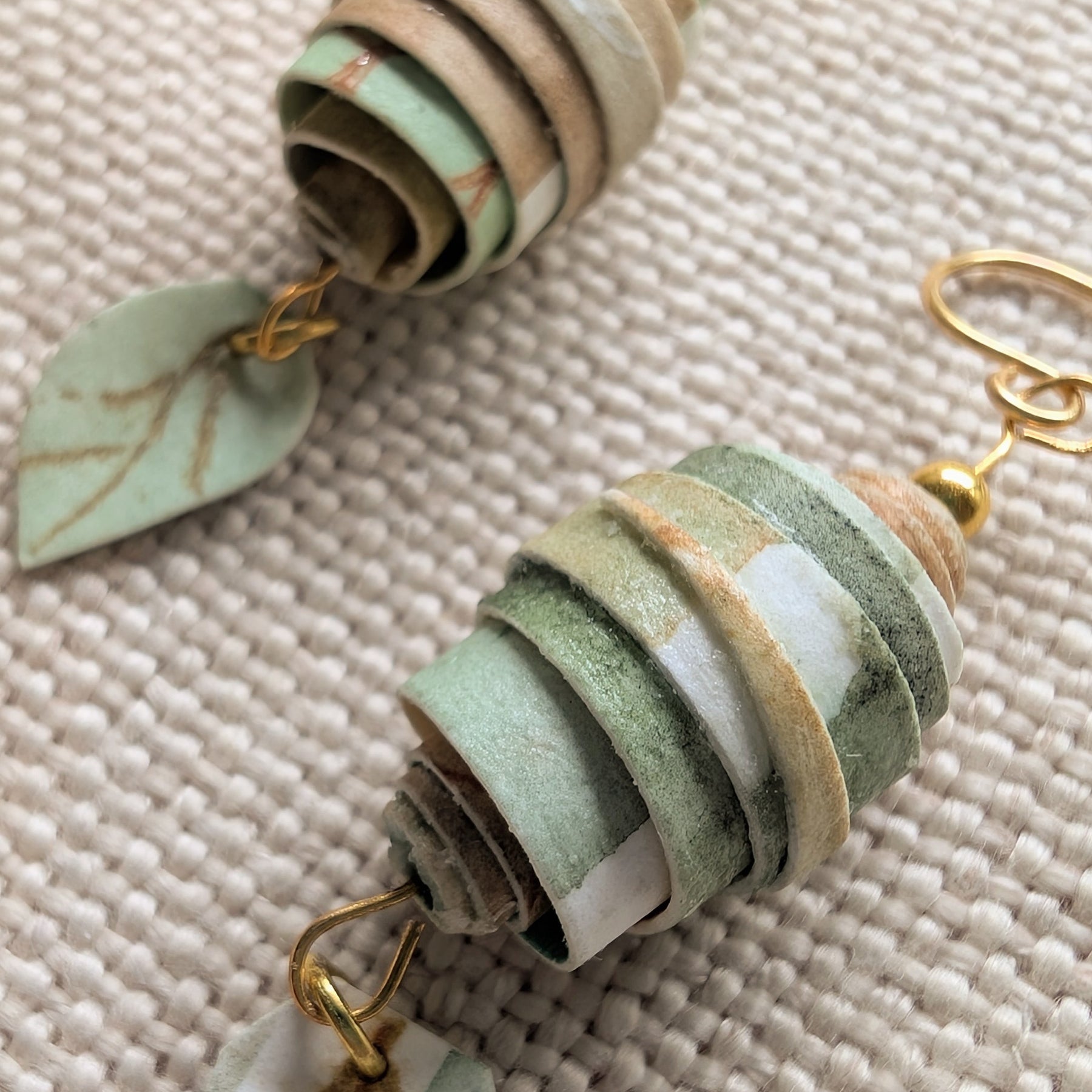 Botanical Coil Earrings – Handmade Sustainable Paper Bead Earrings with Leaf Charm