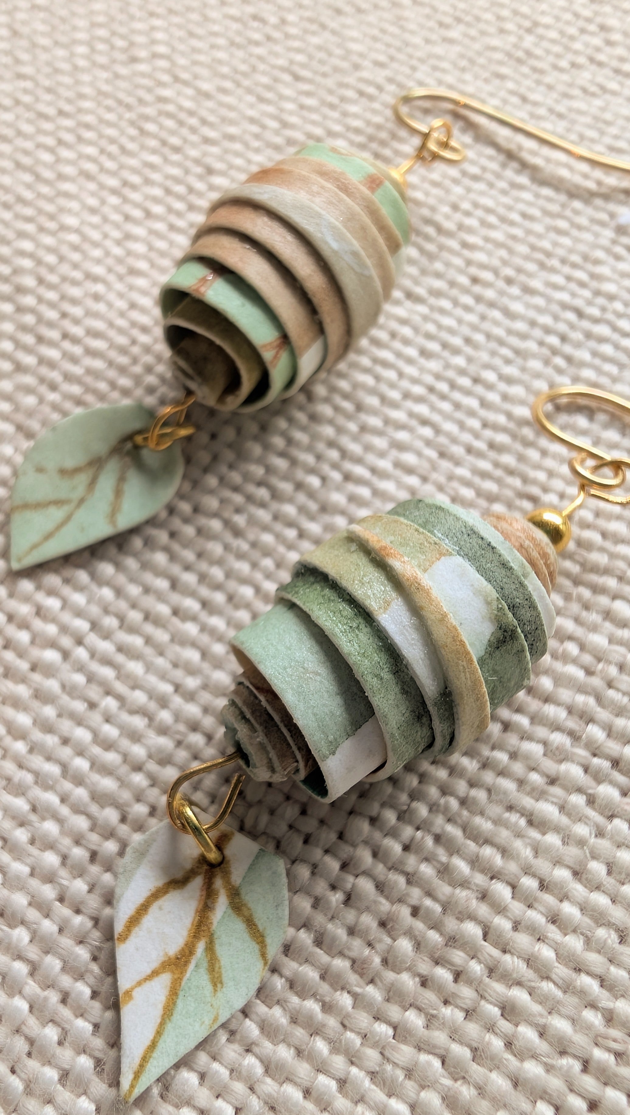 Botanical Coil Earrings – Handmade Sustainable Paper Bead Earrings with Leaf Charm