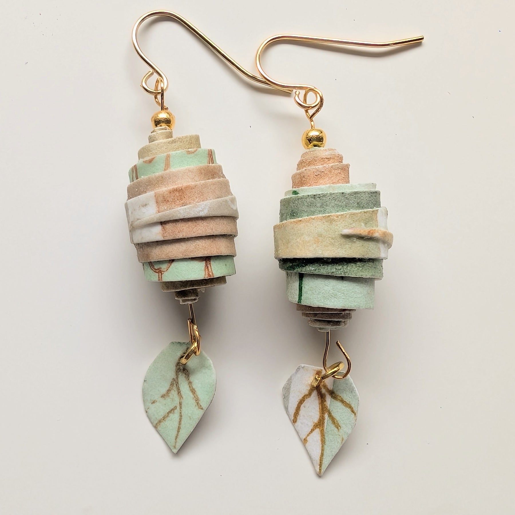 Botanical Coil Earrings – Handmade Sustainable Paper Bead Earrings with Leaf Charm