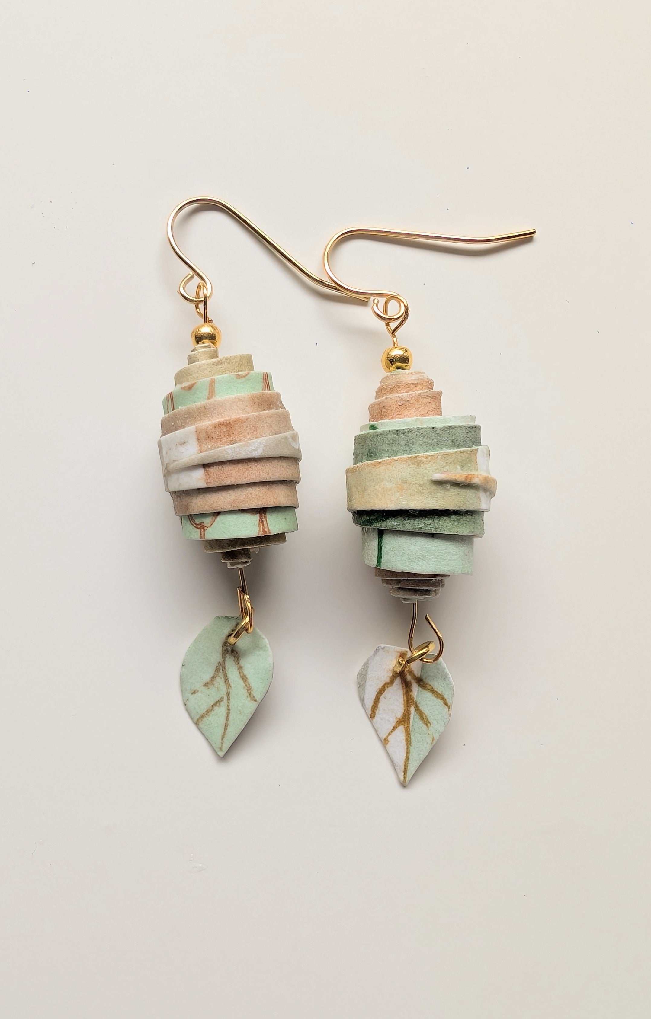 Botanical Coil Earrings – Handmade Sustainable Paper Bead Earrings with Leaf Charm