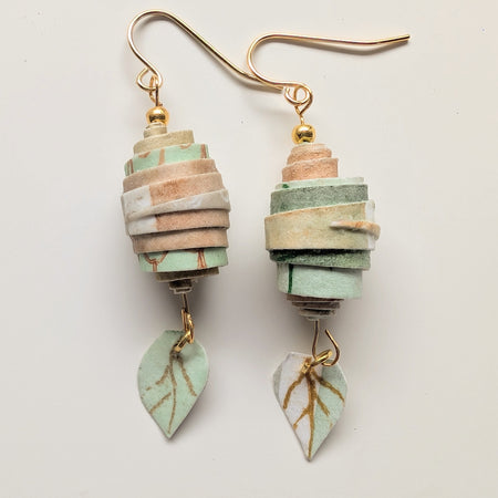 Botanical Coil Earrings – Handmade Sustainable Paper Bead Earrings with Leaf Charm