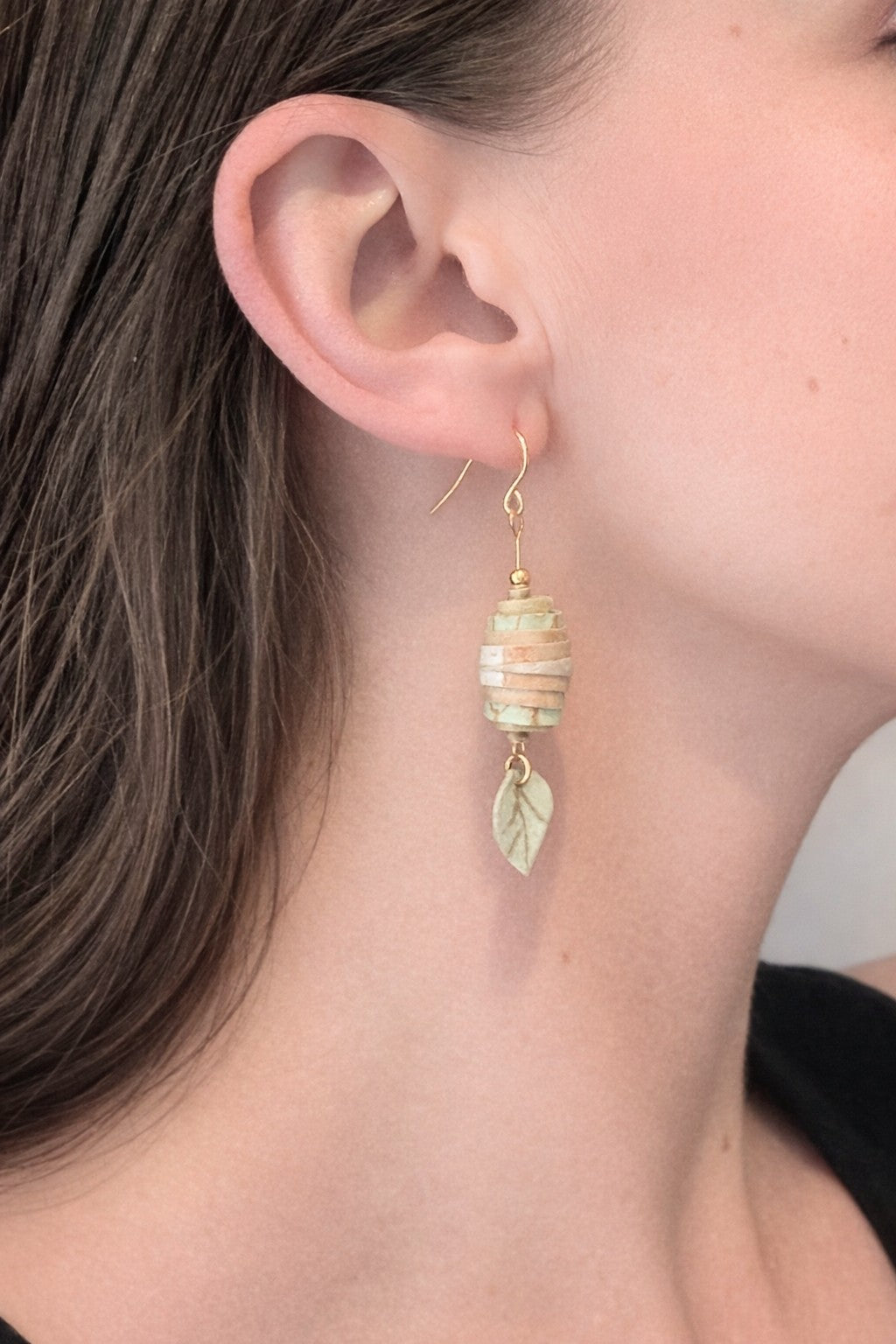Botanical Coil Earrings – Handmade Sustainable Paper Bead Earrings with Leaf Charm