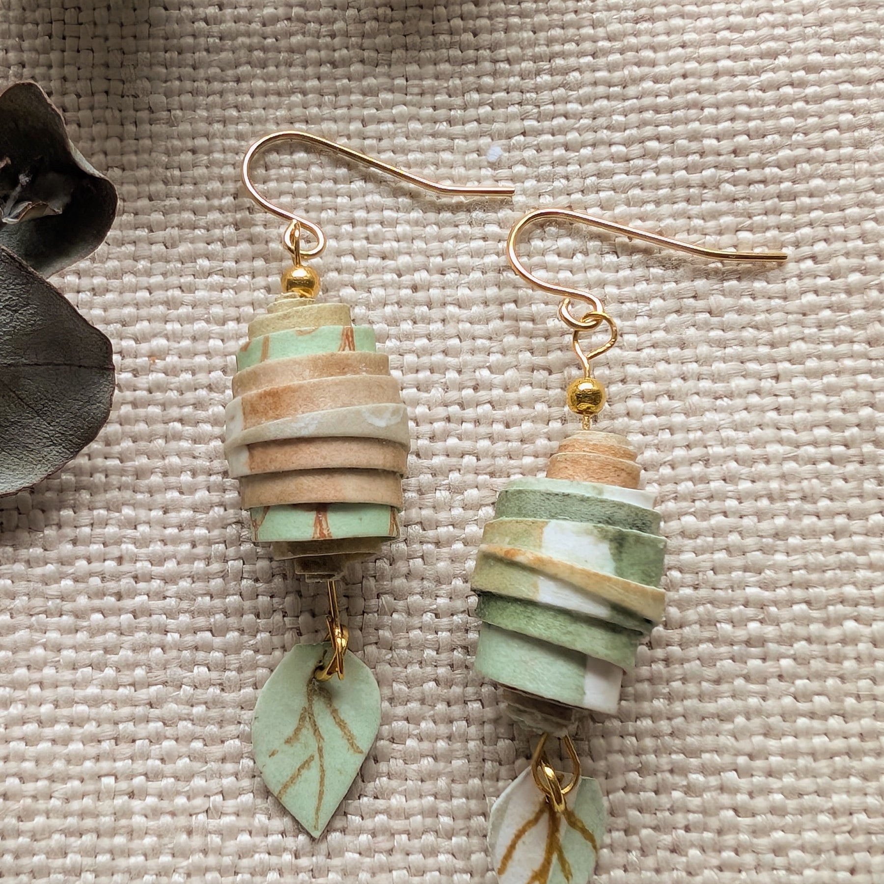 Botanical Coil Earrings – Handmade Sustainable Paper Bead Earrings with Leaf Charm