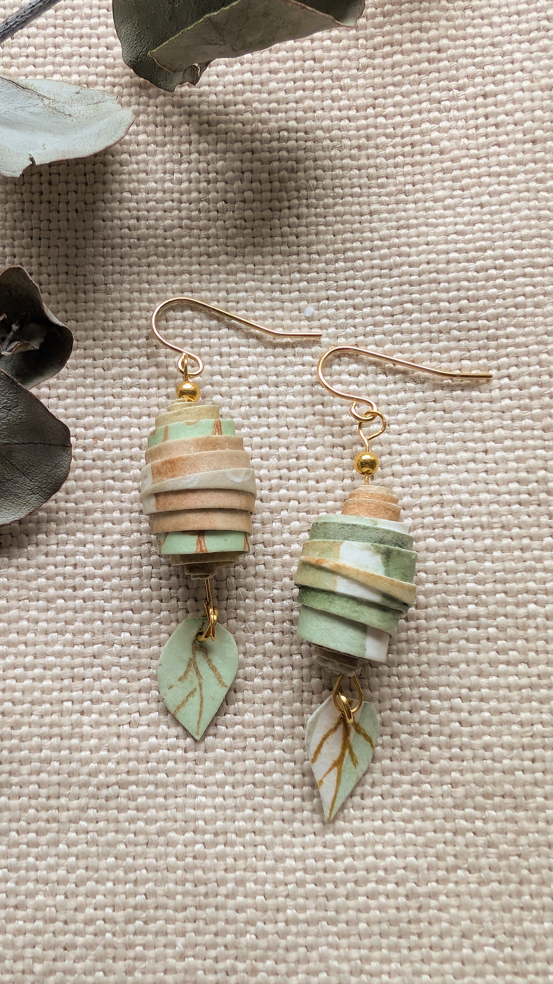 Botanical Coil Earrings – Handmade Sustainable Paper Bead Earrings with Leaf Charm